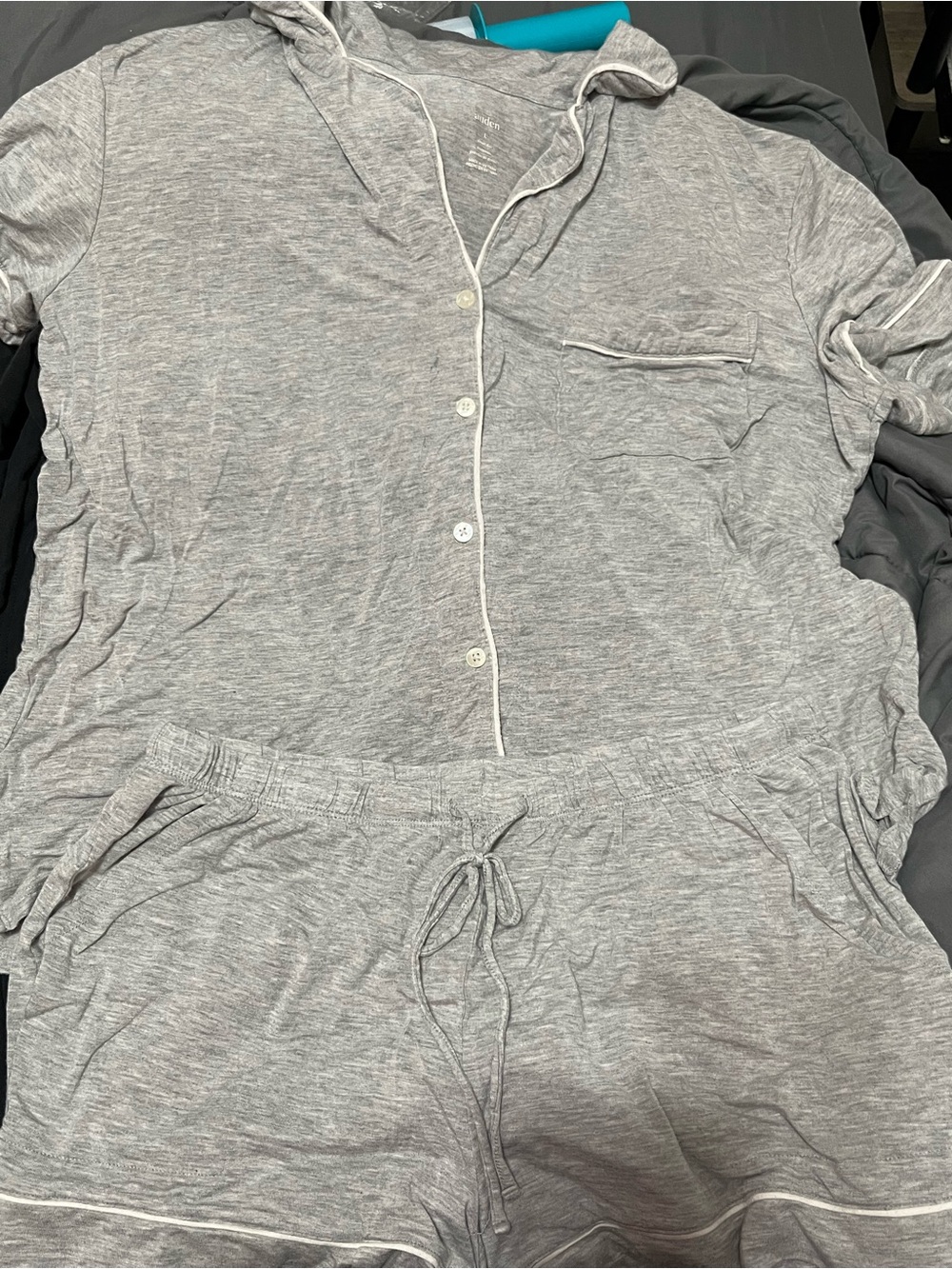 Light Gray Women's Pajama Set - Button Front Top & Drawstring Shorts